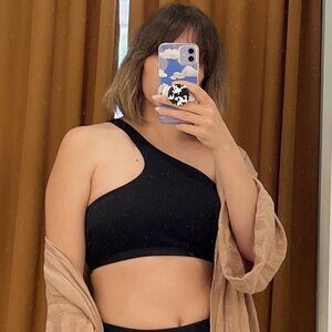 Black One Shoulder Swim Top